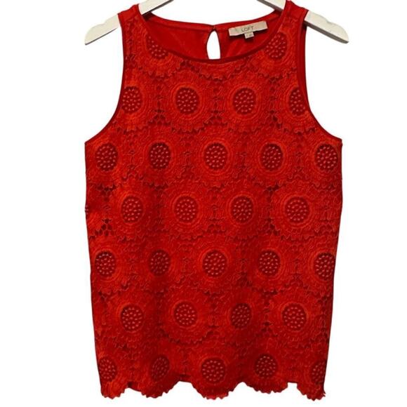 Loft Size Small Red Orange Blouse Embroidered Sunflower Lace Floral Top Cotton - Picture 2 of 12